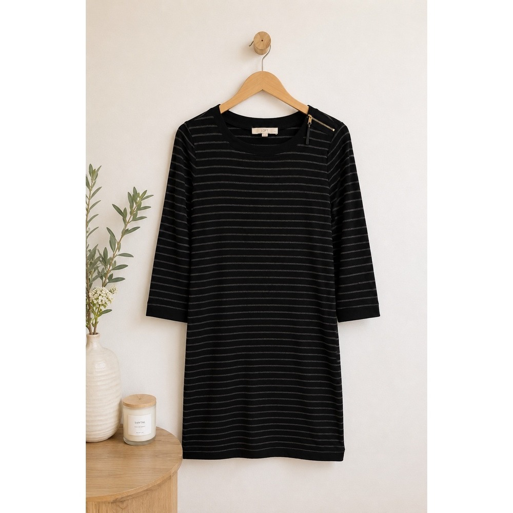 LOFT Petite MP Black Gray Striped Knit Shift Dress Shoulder Zip Fall Classic